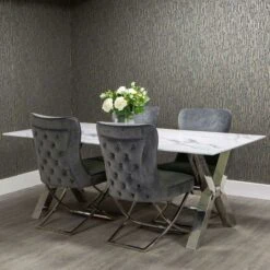 2.0m White Marble & Chrome X Base Dining Table