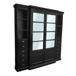 Antique French Style Bookcase In Black With Glazed Doors