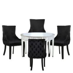 Apollo Antique Champagne Mirrored Round Dining Set With 4 Tufted Back Black Chairs