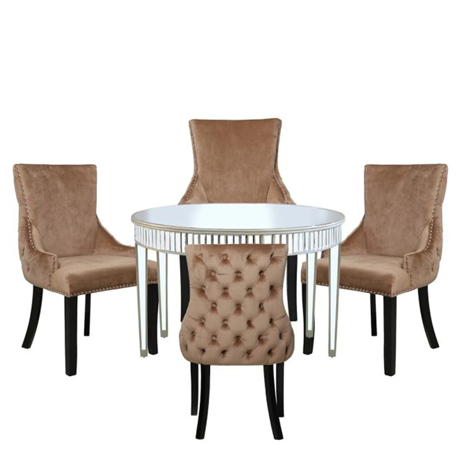 Apollo Champagne Mirrored Round Dining Set With 4 Tufted Back Champagne Chairs 1 Apollo Champagne Mirrored Round Dining Set With 4 Tufted Back Champagne Chairs