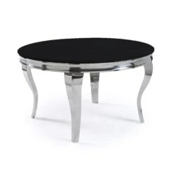 Louis 1.3m Round Chrome Dining Table In Black Glass