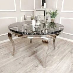 Louis 1.3m Round Chrome Dining Table With Black Marble Top