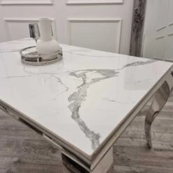 Louis 1.4m Chrome Dining Table With Polar White Sintered Stone Top -Dining Tables Sales louis 1 4m chrome dining table with polar white sintered stone top p82043 166939 zoom