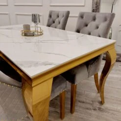 Louis Gold 1.4 M Dining Table With Polar White Sintered Stone Top -Dining Tables Sales louis gold 1 4 m dining table with polar white sintered stone top p81973 166733 zoom