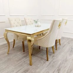 Louis Gold 1.6 M Dining Table With White Glass Top