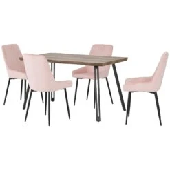 Quebec Medium Oak Wave Edge Dining Set With Baby Pink Avery Chairs