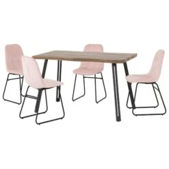 Quebec Medium Oak Wave Edge Dining Set With Baby Pink Lukas Chairs