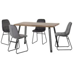 Quebec Medium Oak Wave Edge Dining Set With Grey Velvet Lukas Chairs