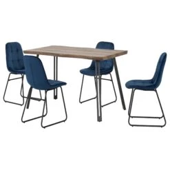 Quebec Medium Oak Wave Edge Dining Set With Sapphire Blue Lukas Chairs