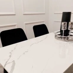 Titus 1.4 Black Dining Table With Polar White Sintered Stone Top -Dining Tables Sales titus 1 4 black dining table with polar white sintered stone top p81850 166276 zoom